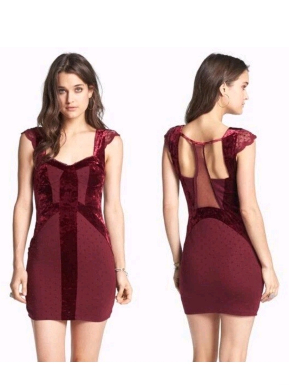 Free People Madeline Polka Dot Velvet Burnout Dress Large Bodycon Burgundy Mesh